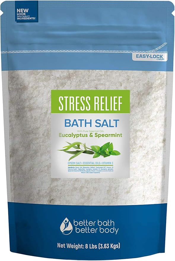 Stress Relief Bath Salt 128 Ounces Epsom Salt with Natural Spearmint and Eucalyptus Essential Oils Plus Vitamin C in BPE Free Pouch with Easy Press-Lock Seal