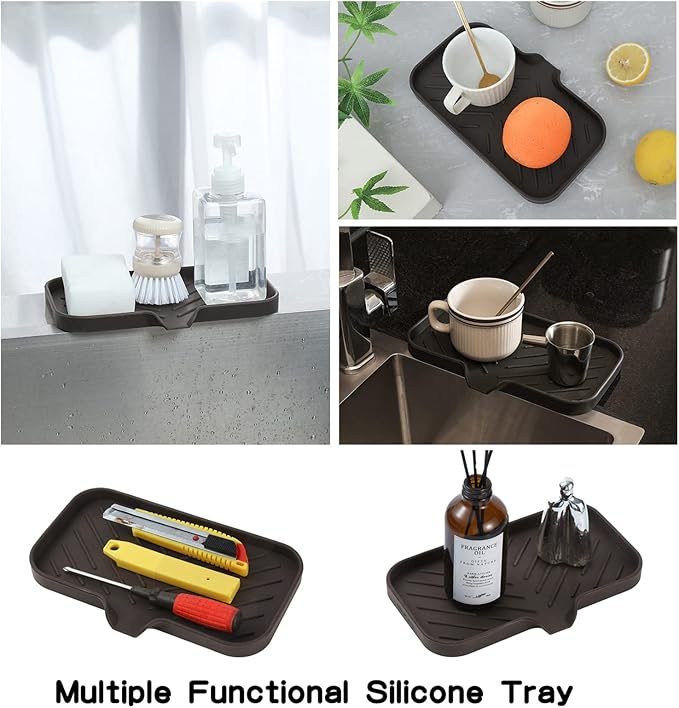 Silicone Bathroom Soap Dishes with Drain Spout-Bathroom and Kitchen Sink Organizer,Sponge Holder,Dish Soap Tray,Perfect for Dispenser,Scrubber,Bottle,Cup on Sink or Counter-Coffee 9.6"×5.3"