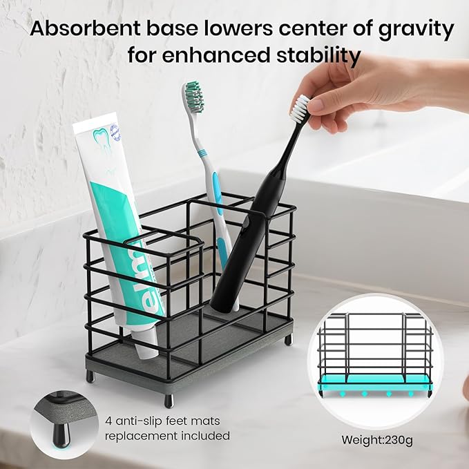 Toothbrush Holder with Quick Drying Mat—Toothbrush and Toothpaste Holders for Bathrooms—5 Slots Openwork Design Black Toothbrush Holder Set,Bathroom Counter Organizer for Electric Toothbrush