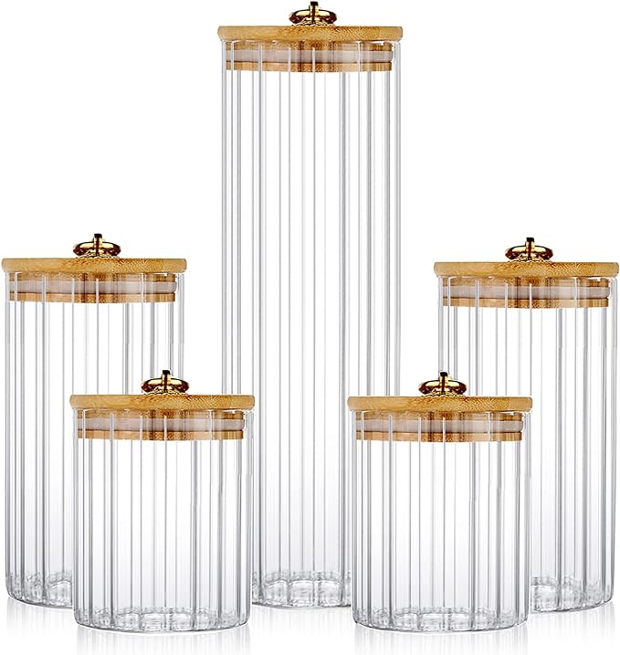 FANTESTICRYAN Glass Storage Jars Set of 5, Decorative Coffee Bar Container with Airtight Bamboo Lid Metal Ring for Home Kitchen Storing Candy, Cookie, Pasta, Nuts, Oatmeal and Bathroom Salt