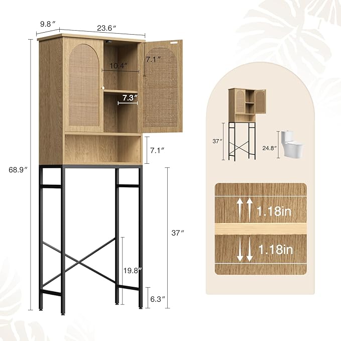 Rattan Toilet Storage Cabinet, Over The Rack Wood Cabinet with Metal Stand, Bathroom Organizer with Adjustable Shelf, Tall Freestanding Washer Shelf, Small Cupboard, Natural