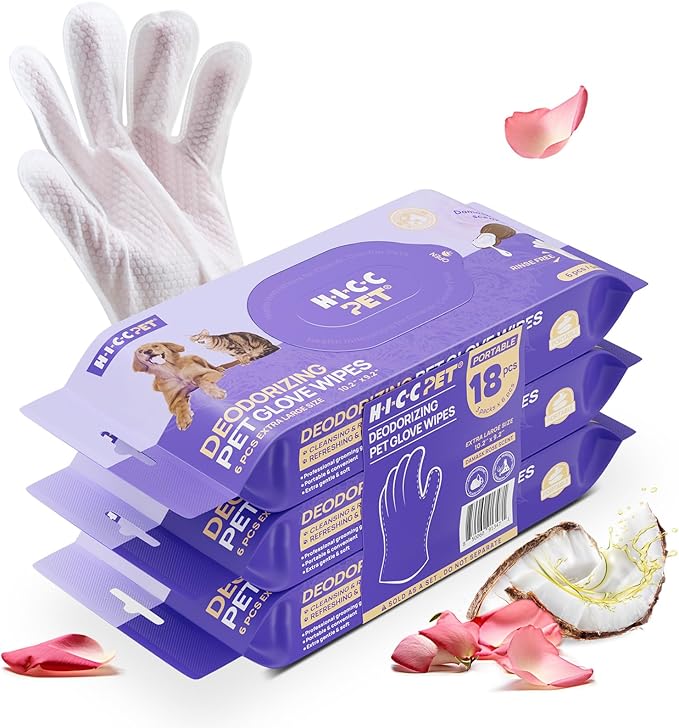 HICC PET Cleaning Deodorizing Glove Wipes for Dogs & Cats, Vet Recommended Hypoallergenic Hydrating & Nourish Fur Pet Grooming Glove Wipes, Pet Bathing Wipes for Horse Coat Care, 18pcs Rose Scent
