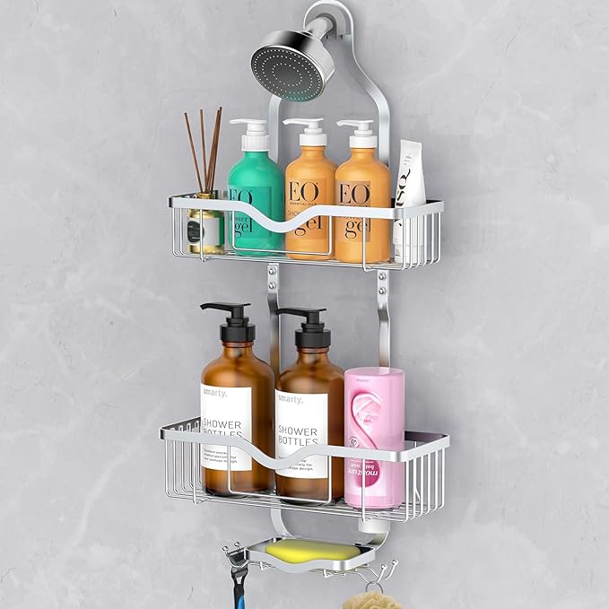 Kadolina Shower Caddy Hanging, Bathroom Shower Rack, Bathroom Organizer with Soap Dish, Over The Showerhead Caddy with Hooks for Razor/Sponge, Bright Silver (Assembly Required)