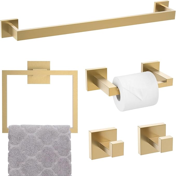 TNOMS 5-Piece Towel Bar Set Brushed Gold Bathroom Hardware Accessories Set Includes Upgraded Double Base Toilet Paper Holder,Modern Square Towel Holder Set Stainless Steel Wall Mount 23.6 Inch