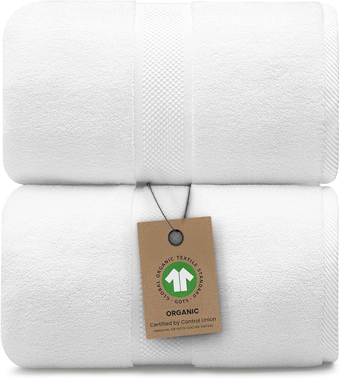 100% Organic Luxury Bath Sheets - GOTS Certified - Extra Large 35x70 Inches (Pack of 2) Zero-Twist, Long-Staple Cotton Bath Sheet Set (White)