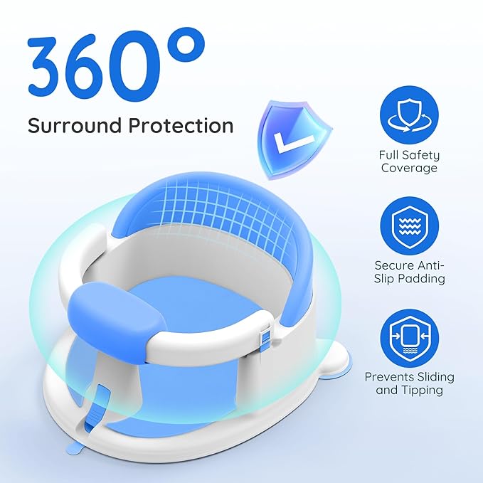 Baby Bath Seat Baby Bathtub - with Strong Suction Cups and 360° Surround Support – Easy Release, Non-Slip Cushion, Lockable Armrests – Infant Bath Chair for Babies 6-24 Months, Blue