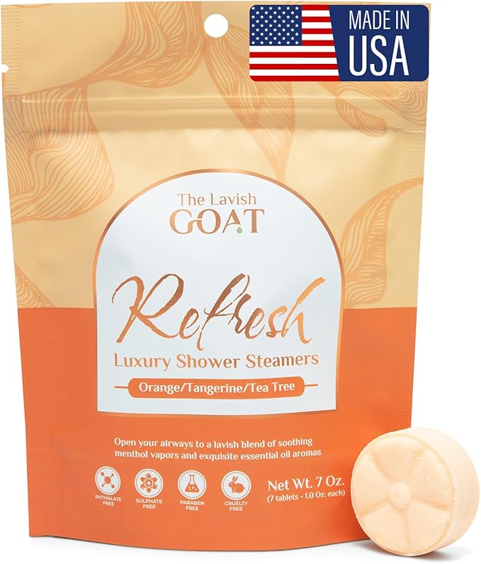 TLG Refresh Shower Steamers Aromatherapy 7 Pack – USA Made with Extra Menthol and Orange & Tea Tree Essential Oils – Shower Bomb for Relaxation, Citrus Shower Tablets – Gift for Men & Women