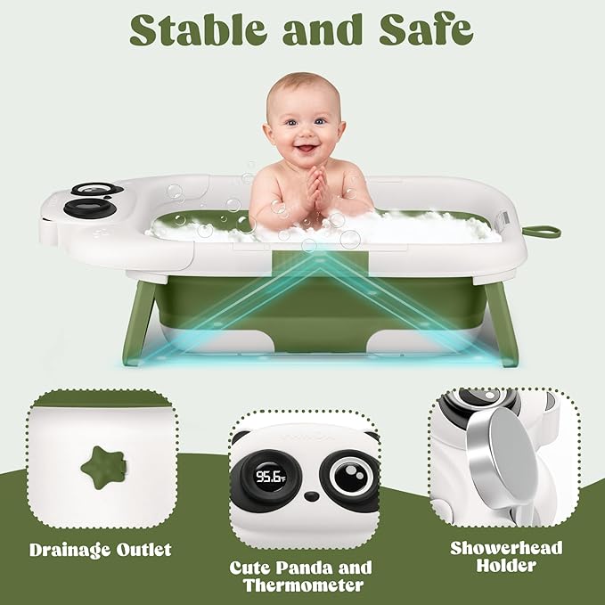 Collapsible Baby Bathtub for Newborn to Toddler, Portable Baby Bath Tub with Floating Cushion and Thermometer, Infant Bathtub for 0-24 Months(Green)