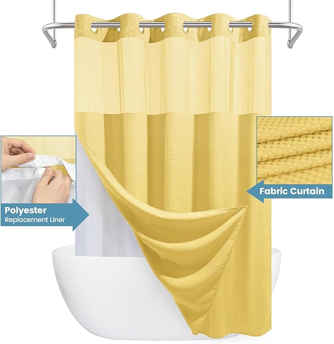 Yellow No Hook Shower Curtain with Snap in Liner,230GSM Waffle Weave Shower Curtains for Bathroom,71W x 74H