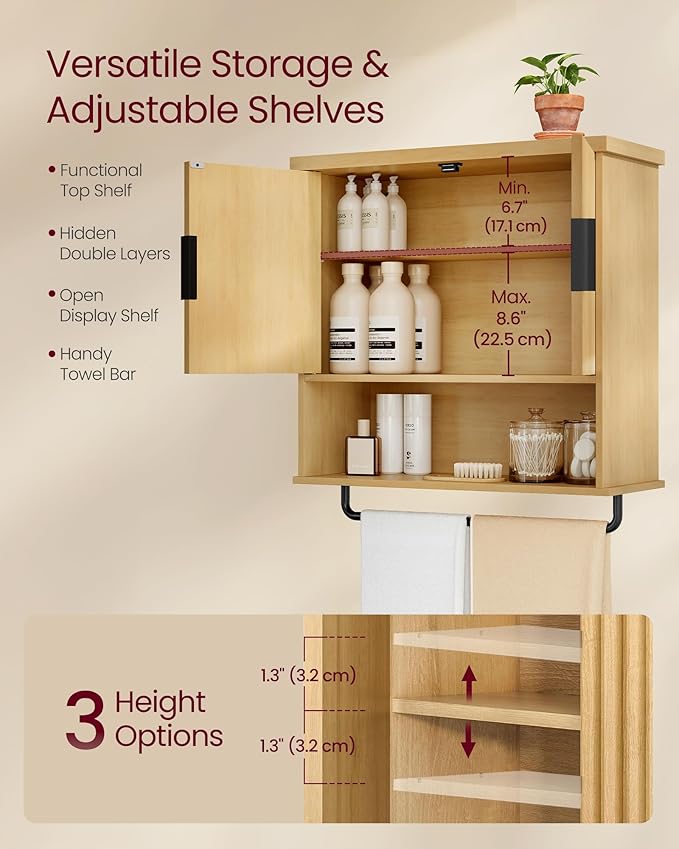 VASAGLE MAXE Collection - Bathroom Cabinet Wall Mounted, Over Toilet Hanging Cabinet with Adjustable Shelf, Towel Bar, Fluted Doors, 7.9 x 23.6 x 28.7 Inches, Transitional, Oak Beige UBBK135Y01S