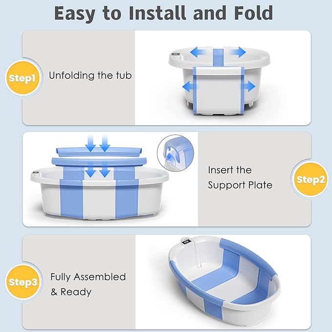 Collapsible Baby Bathtub for Newborn to Toddler 0-36 Months,Spacious Foldable Infant Bath Tub with Thermometer,Cushion & Drain Hole,Portable Travel Tub, Baby Shower Gift Blue