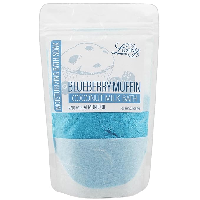 Luxiny Vegan Milk Bath Soak Made with Moisturizing Coconut Milk Powder & Sweet Almond Oil for a Bath Bomb Dust Soothing Fizz & Relaxing Soak, 8 oz. (Blueberry Muffin)