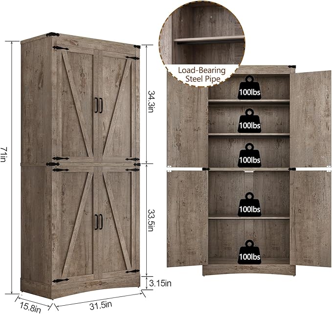 71" Tall Kitchen Pantry,Farmhouse Storage Cabinet with Adjustable Shelves,Load-Bearing Steel Pipe,Farmhouse Pantry Cabinet with 4 Barn Doors,for Kitchen,Dining Room,Living Room(Light Rustic Oak)