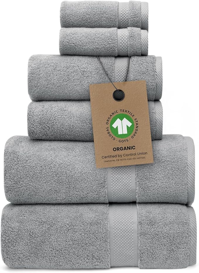 100% Organic Zero-Twist Cotton Towels - GOTS Certified Luxury Bath Towels - Ultra Soft & Plush 700GSM Long-Staple Cotton - 6 Piece Towel Set (Pewter Grey)