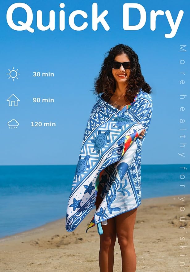 4 Pack Microfiber Lightweight Beach Towel Sand Free Quick Dry Absorbent Thin Compact Towels for Swimming Pool Camping Beach Accessories Large Easy Pack Travel Things for Vacation Essentials Gift