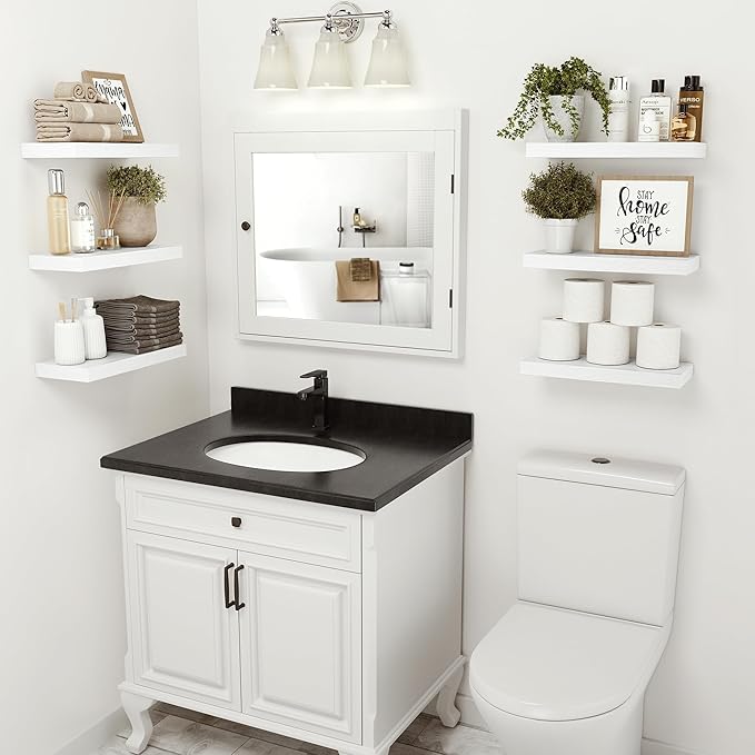 Vivelove 16 inch Floating Shelves for Wall, Bathroom Shelves Over Toilet, Wall Shelf for Bedroom, Living Room, Kitchen, Office Home Decor, Narrow Shelves with Invisible Brackets - Set of 2, White