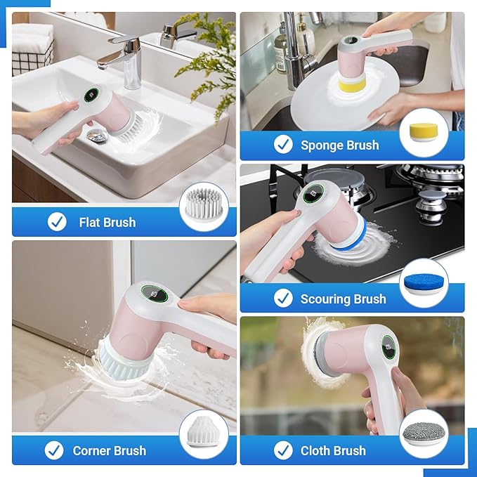 Electric Spin Scrubber, Cordless Shower Scrubber with Battery Level Display, 2 Speeds Electric Scrubber for Cleaning with 6 Replaceable Heads, Cleaning Brush for Bathroom/Sink/Window (Pink)