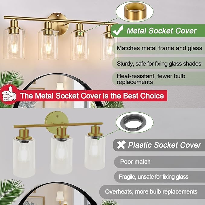 4-Light Bathroom Light Fixtures, Brushed Gold Modern Vanity Lights Over Mirror with Clear Glass Shade, Bathroom Wall Lamp for Mirror Kitchen Living Room Hallway Cabinet Porch Bedroom Reading room