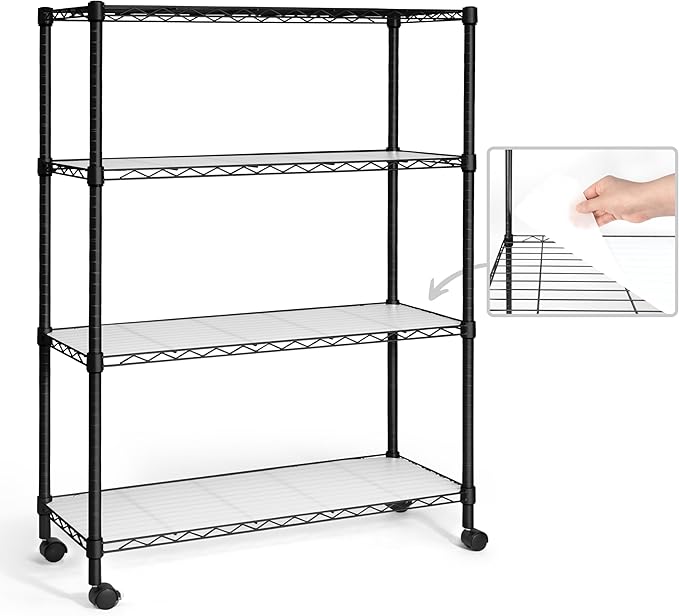 CAPHAUS NSF Adjustable Height Wire Shelving Unit w/Liner, Basement Storage Shelving, Metal Steel Storage Shelves, Garage Shelving Storage Organizer, Utility Shelf, 4-Tier W/Wheels W/Liners, Black