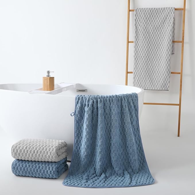 REDKISS Microfiber Bath Towels Set of 4-27x55 Inch Large Waffle Bath Towels for Body, Highly Absorbent, Super Soft, Lint Free Fluffy Shower Towel for Bathroom, Gym, Lightweight Towel Set Blue & Gray