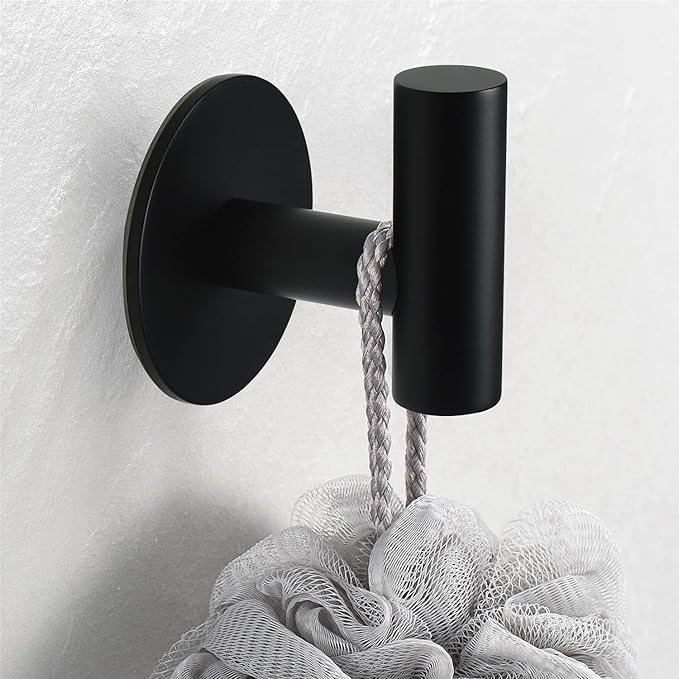 Self Adhesive Towel Hook Matte Black Coat Hook Brushed Nickel SUS304 Stainless Steel Heavy Duty Waterproof Towel Robe Clothes Hook Holder for Bathroom Kitchen Office Hotel Pool Wall Mounted Hook-2Pack