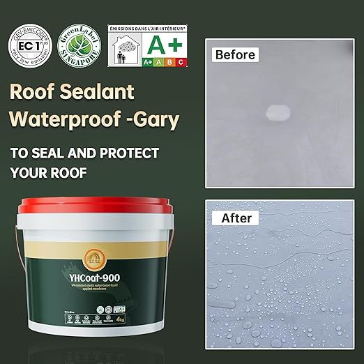 1 Gallon Gray Roof Sealant Waterproof, Elastomeric Roofing Coating Liquid Waterproofing Paint Adhesive, Solar Reflective Sealer for Outdoor Flat, Metal Roofs Leak Repair 4KG