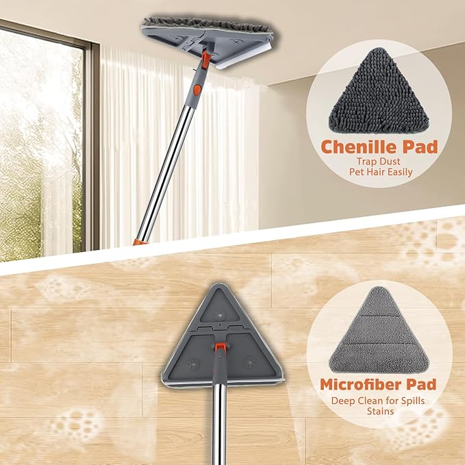 Wall Cleaner Mop with 94" Long Handle, 2-in-1 Triangle & Rectangle Head with Squeegee, 10 Washable Pads, Baseboard Cleaner Tool for Walls Scrubber, Ceilings, Windows, Glass, Fans, Doors, Corners