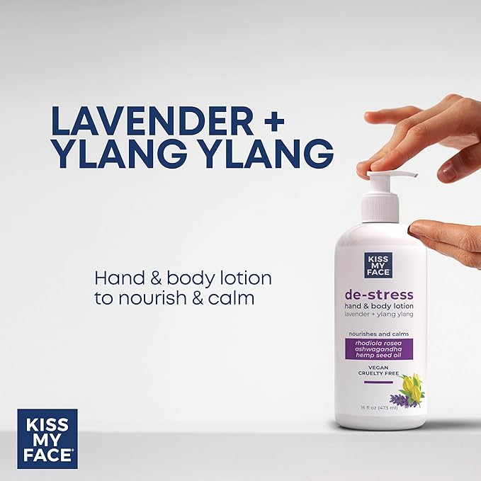 Kiss My Face De-Stress Hand & Body Lotion Lavender + Ylang Ylang - Cruelty-Free and Vegan Lotion for Dry Skin - 16 oz Bottle with Pump (Lavender & Ylang Ylang, Pack of 1)