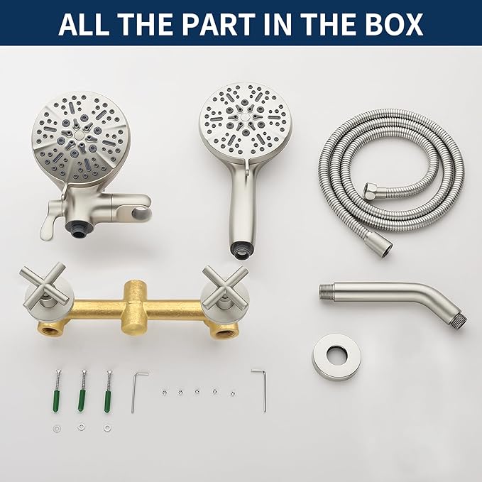 2 Handles Shower Faucet Shower System Complete 2 in 1 Shower Combo Set with Handheld Showerhead Shower Trim Kit Wall Mounted Shower Fixtures Brushed Nickel