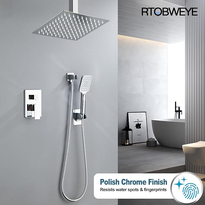 8 Inch Ceiling Mount Shower Faucet Set, Polish Chrome Rainfall Shower System, Square Rain Shower Head with Handheld Spray Combo Ceiling, Silver Rainfall Shower Faucet Fixtures (3-Setting)