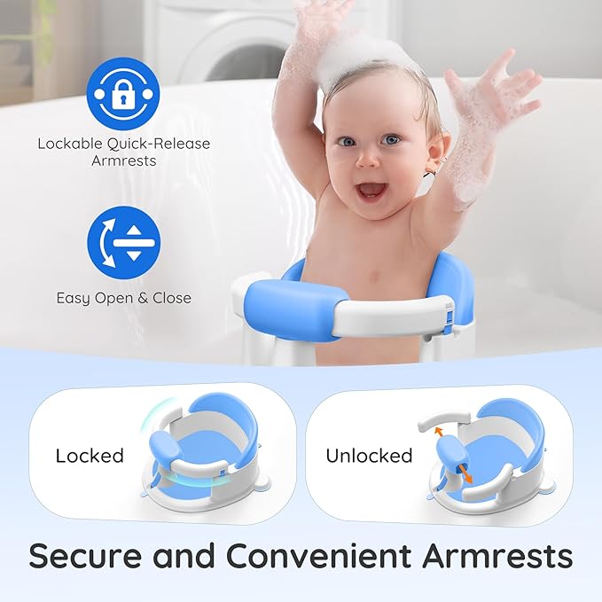 Baby Bath Seat Baby Bathtub - with Strong Suction Cups and 360° Surround Support – Easy Release, Non-Slip Cushion, Lockable Armrests – Infant Bath Chair for Babies 6-24 Months, Blue