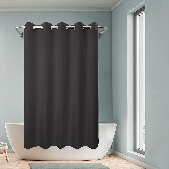 River Dream No Hook Hotel Cloth Black Shower Curtain Microfiber Waterproof - Soft Fabric Shower Curtain or Liner Washable, Black, 71x74