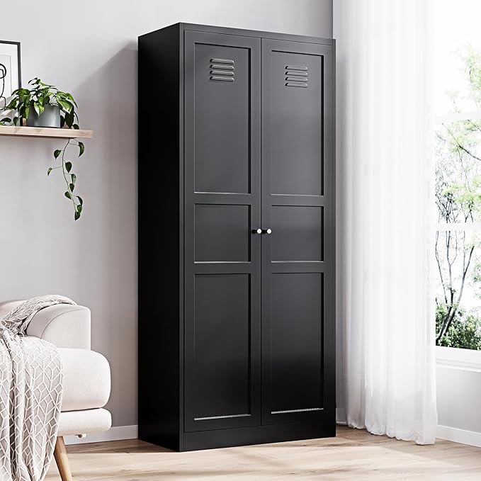 Yizosh Metal Storage Cabinet with 2 Doors and 5 Adjustable Shelves - 71" Black Kitchen Pantry Storage Cabinet, 5-Tier Tall Steel Cabinet Locker for Kitchen, Living Room, Dining Room