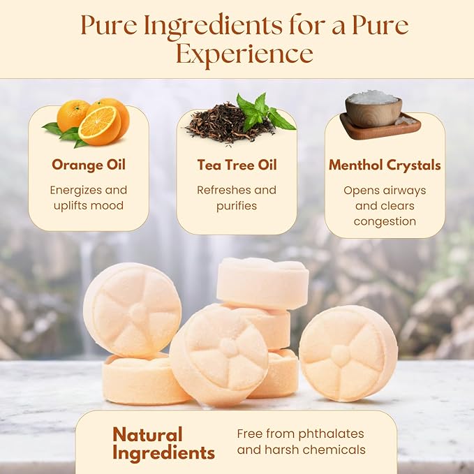 TLG Refresh Shower Steamers Aromatherapy 7 Pack – USA Made with Extra Menthol and Orange & Tea Tree Essential Oils – Shower Bomb for Relaxation, Citrus Shower Tablets – Gift for Men & Women