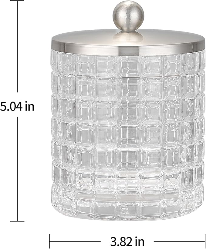 Clear transparent Apothecary Etched Geometric Grid Glass Jar W/Satin Nickel Metal Lid Cover for Bathroom Organization, Cotton Balls, Q Tips, and Small Accessories, Bathroom Storage