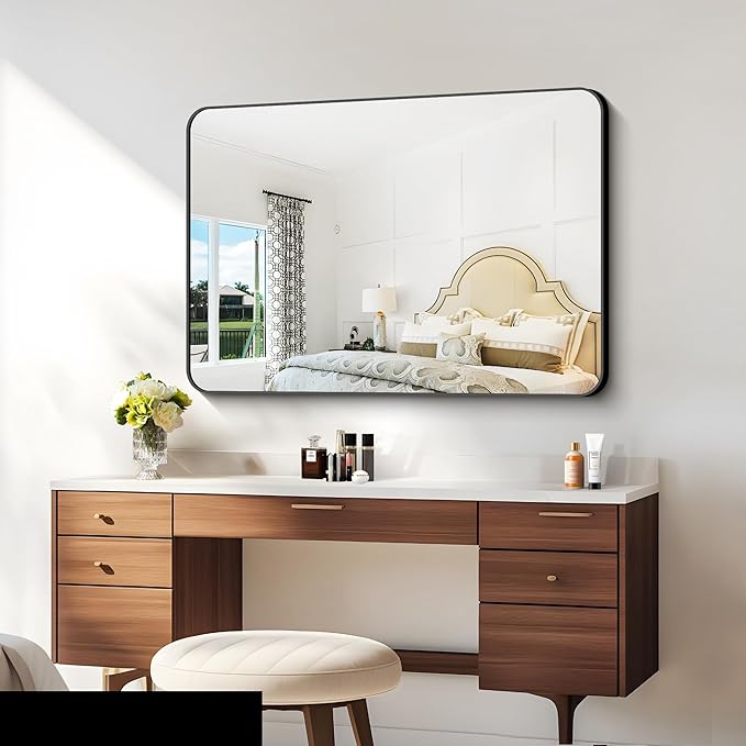BONEWEI 30x40 inch Bathroom Mirror,Black Rectangle Mirror,Wall Mounted Bathroom Frame Vanity Mirror with Round Corner for Bedroom Living Room, Entryway Hangs Horizontal or Vertical