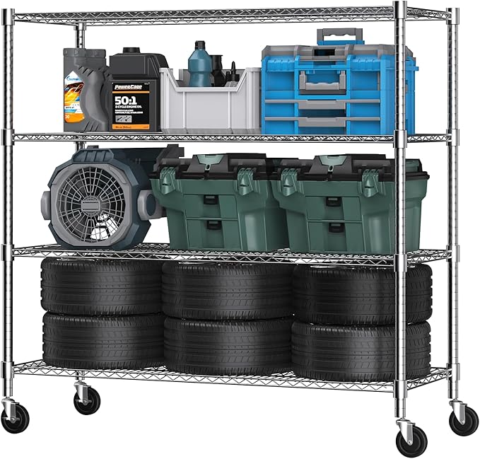 Himimi 72" H Storage Shelves 4 Tier Metal Shelving Adjustable Wire Shelf with Wheels, Heavy Duty Shelving for Garage Kitchen Pantry Bathroom Laundry,18" D*48" W*72" H, Silver