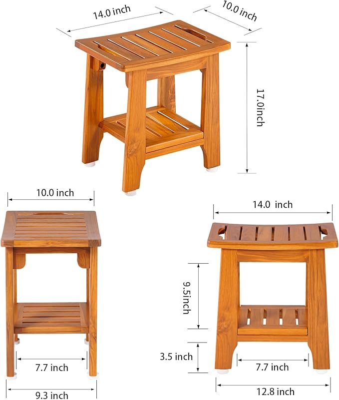 14" Compact Teak Shower Stool with Shelf & Handle - Waterproof, Non-Slip Bath Bench for Small Bathrooms/Outdoor Use, 300 lbs Capacity (Patented)