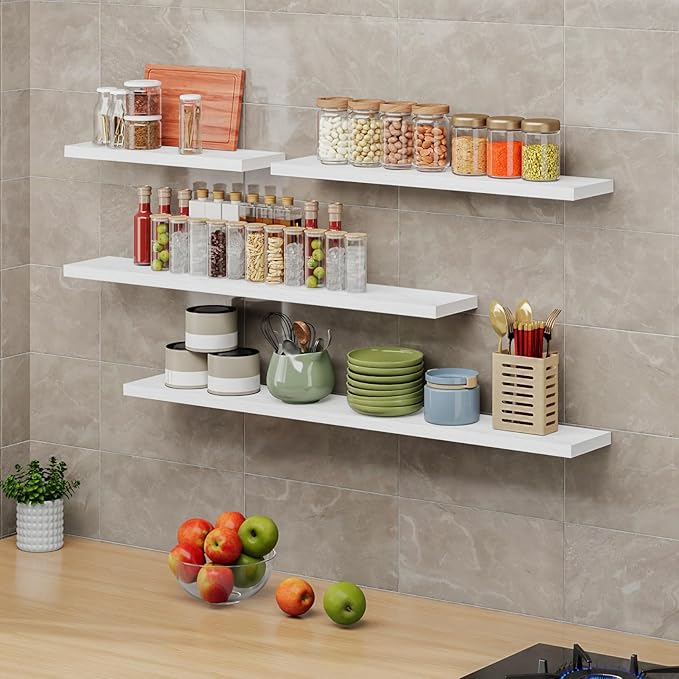 SAUMONIERES Floating Shelves 8 Inch Deep Solid Wood Wide Wall Shelf Set of 2 Wall Mounted for Bedroom Bathroom Living Room Kitchen, 24 Inch White