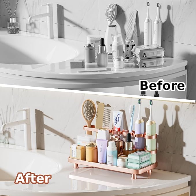 Electric Toothbrush Holder for Bathroom Countertop 5 Metal Slots Toothpaste Razor Mouthwash Organizer, Rose Gold