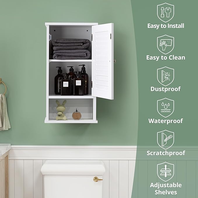 Small Bathroom Wall Cabinet, Slim Single Louvered Door Narrow Over The Toilet Storage, Adjustable Shelves, Space Saver Organizer, 13.4x8.9x25.3 inches