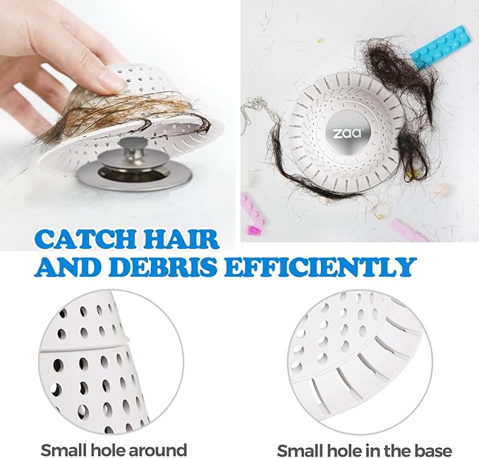 zaa Bathtub Drain Hair Catcher, Premium Silicone Collapsible 2 Pack Drain Protector for Pop-Up and Regular Drains of Shower, Bathtub, Tub, Bathroom, Sink, White