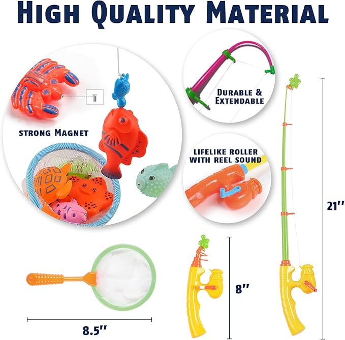 CozyBomB™ Magnetic Fishing Toys Game Set for Kids | Water Table Bathtub Kiddie Pool Party Pole Rod Net, Outdoor Plastic Floating Fish, Toddler Bath Color Ocean Sea Animals Birthday Gift Age 3-5 6 4-8