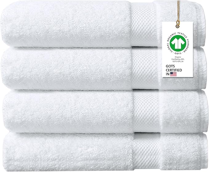 Delara 100% Organic Cotton Towels 650 GSM Plush Feather Touch Quick Dry Bath Sheet, Pack of 4 GOTS Certified, Oeko-Tex Green Certified, Organic Cotton Bath Sheet, 36"X70"