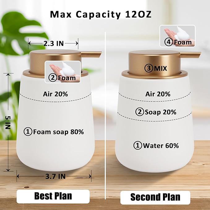 Soap Foaming Dispenser Ceramic with Easy-to-Press Pump Hand Foam Dispenser for Shampoo Bathroom Kitchen 12 oz 2pcs