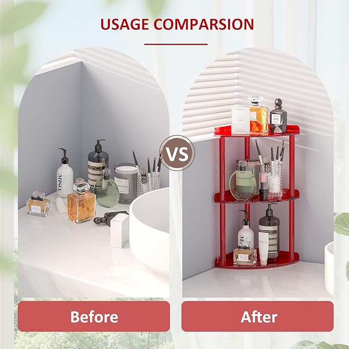3 Tier Countertop Corner Organizer Shelf 7x7x15.7 Inch, Red Countertop Acrylic Bathroom Corner Shelf, Vanity Storage Organizer for Cosmetics, Toiletries