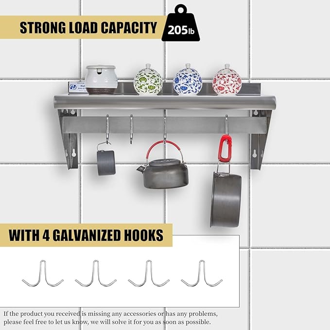 Hally Stainless Steel Shelf with 4 Hooks 12" x 24" Wall Mounted Pot Rack, NSF Commercial Floating Shelving for Storage Hanging Pots, Pans, cookware in Restaurant, Kitchen, Home and Hotel