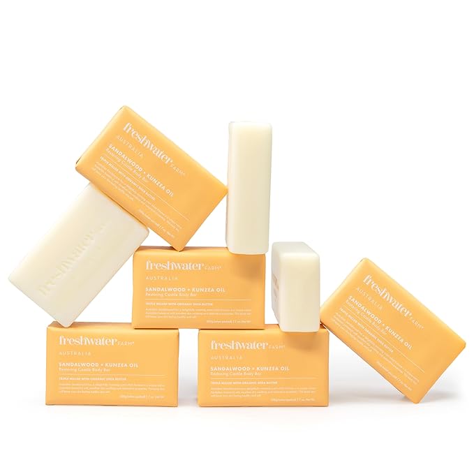 Freshwater Farm Australia Natural Soap Bar- Healing Sandalwood + Kunzea Oil 7oz x 8 Pack.Castile Natural Bar Soap/Body Soap Bars With Essential Oil For Sensitive Skin