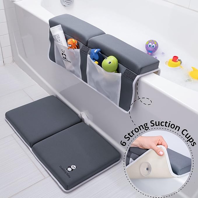 Bath Kneeler and Elbow Rest Pad Set - 2PC Premium Baby Bath Mat Set - Non-Slip Kneeling Pad with Storage Pockets - Machine Washable, Durable Foam Pad Bundle - Gray