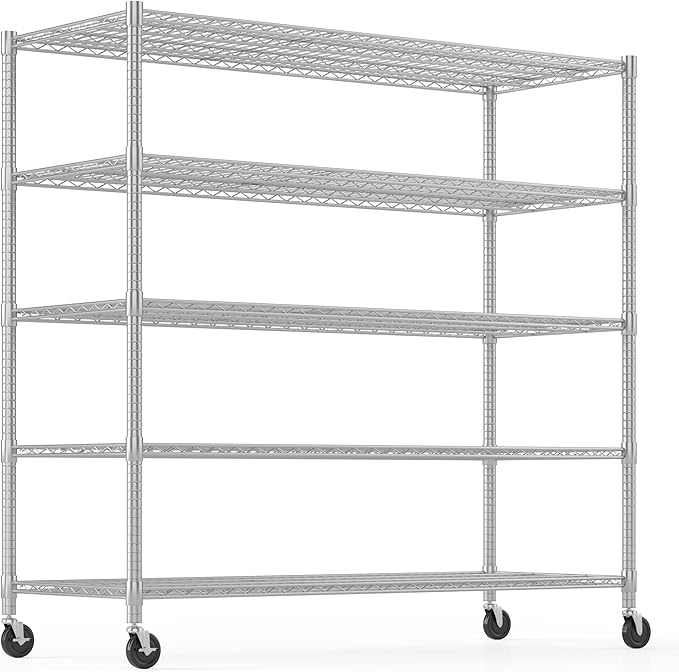 Himimi 60" W Storage Shelves, 5-Tier Wire Shelving with Wheels 3250LBS Heavy Duty Metal Shelves for Storage, Adjustable Wire Rack Shelving for Garage Kitchen Pantry 24" Dx60 Wx82 H, Silver